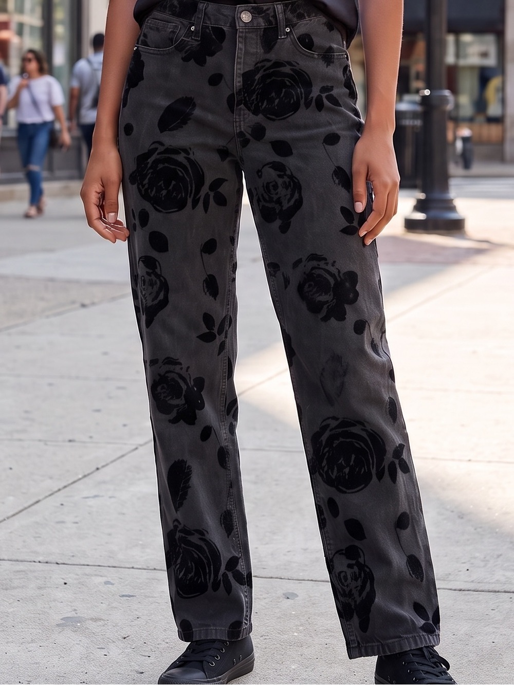 Black Cotton Velvet Jeans Wild Fable Straight Velvet Rose Floral Flocking 8